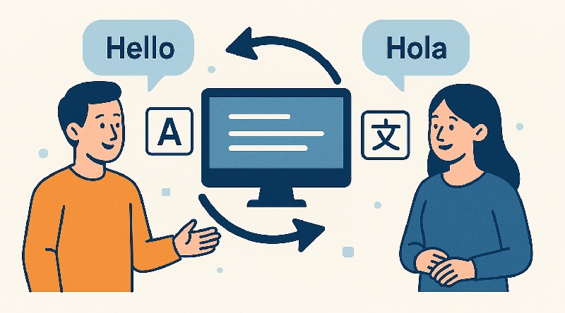 Cartoon illustration showing two people speaking different languages with a computer translating between them