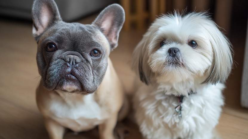 A French Bulldog and a Shih Tzu sit calmly, showing two of the quietest dog breeds for apartment living
