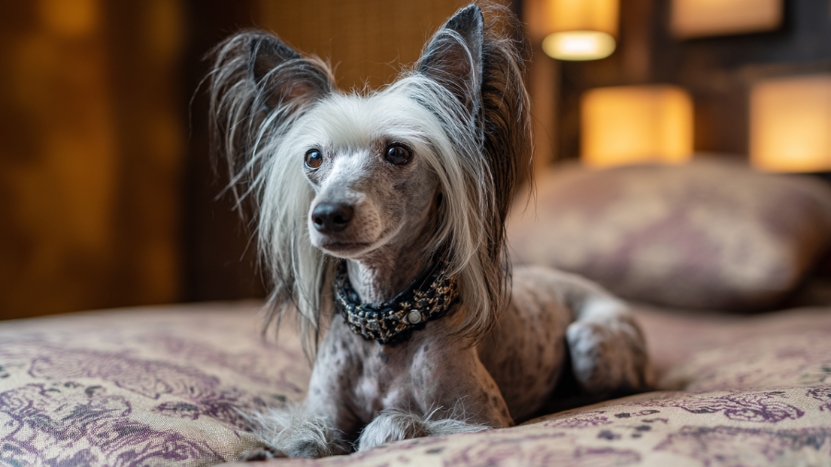 A Chinese Crested dog lies calmly on a patterned bedspread in a cozy, softly lit room