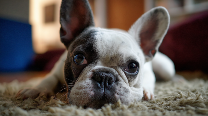 A French Bulldog lies quietly on a rug, gazing up with calm eyes in a cozy indoor setting