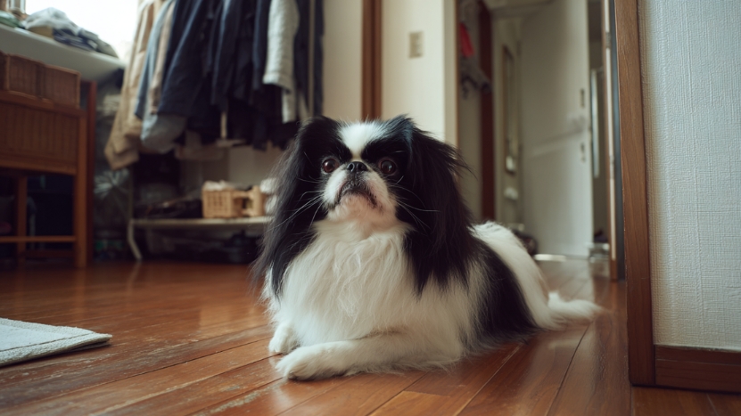 A Japanese Chin sits calmly on a wooden floor in a tidy apartment hallway