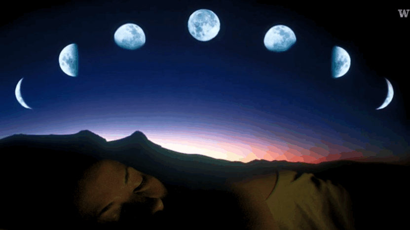 A woman sleeps under a twilight sky with moon phases above, showing the link between lunar cycles and changes in sleep quality