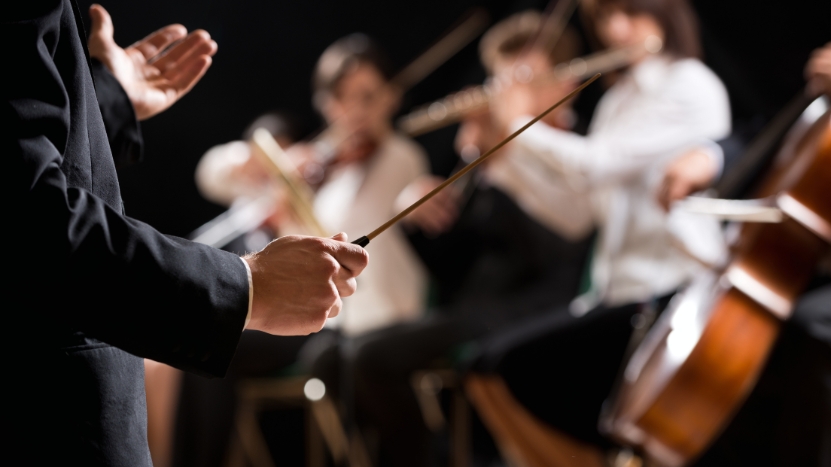 Orchestra conductor leading musicians during a live performance