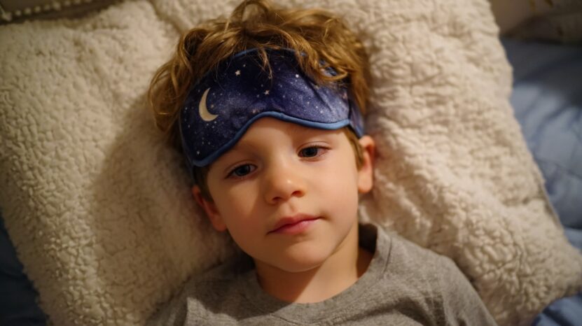 A young child lying in bed wearing a blue sleep mask with stars and a moon, resting on a fluffy pillow