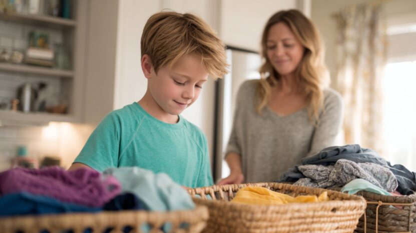 Young boy sorting laundry into baskets while his mother looks on with a smile.