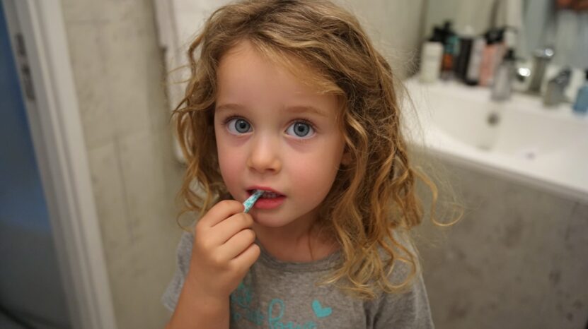 A young girl with curly hair brushing her teeth in the bathroom