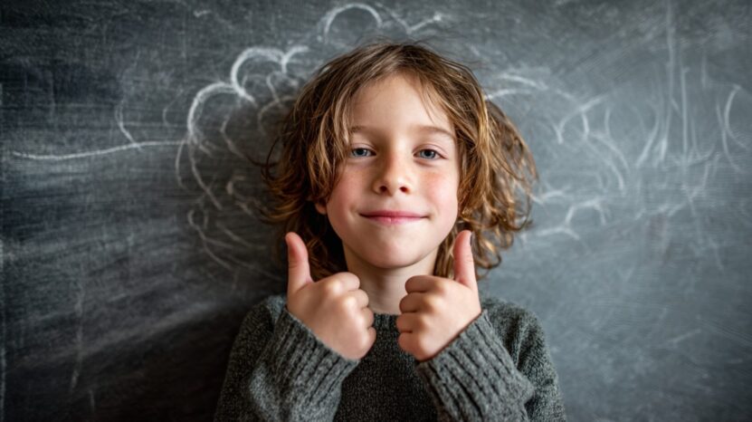 Smiling child giving two thumbs up while standing in front of a chalkboard with doodles