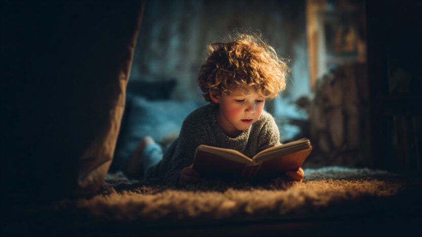 Young boy with curly hair lying on the floor, reading a book in warm, cozy lighting