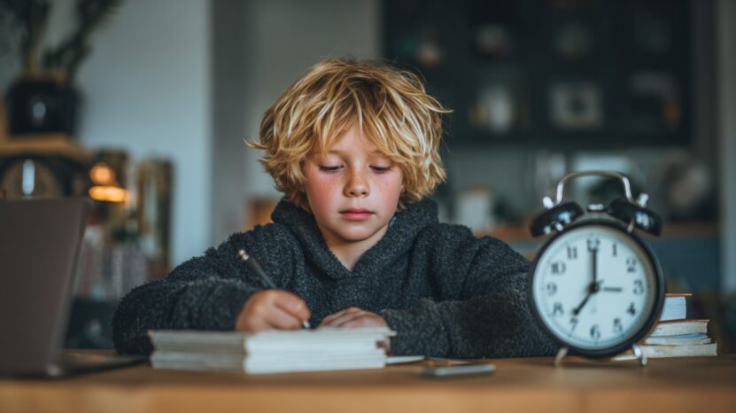Young boy with blonde hair writing in a notebook at a desk, with a large clock nearby
