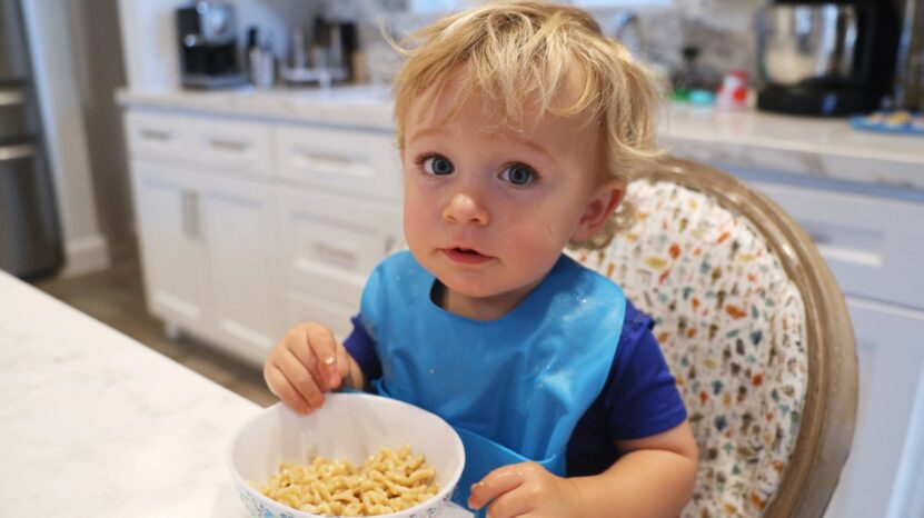 Toddler with blonde hair wearing a blue bib, sitting at the table eating from a bowl of pasta
