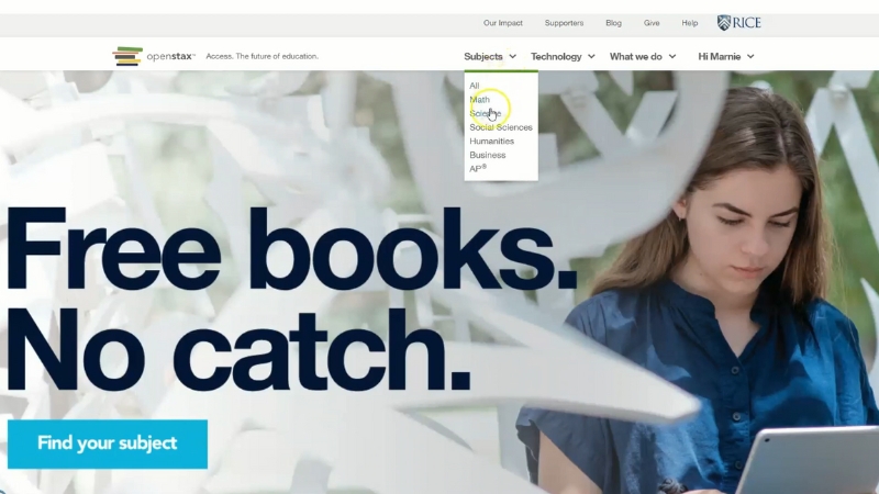 OpenStax website showing free textbooks for Math and Physics with a student reading on a tablet