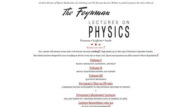 Homepage of The Feynman Lectures on Physics website listing volumes and lecture topics
