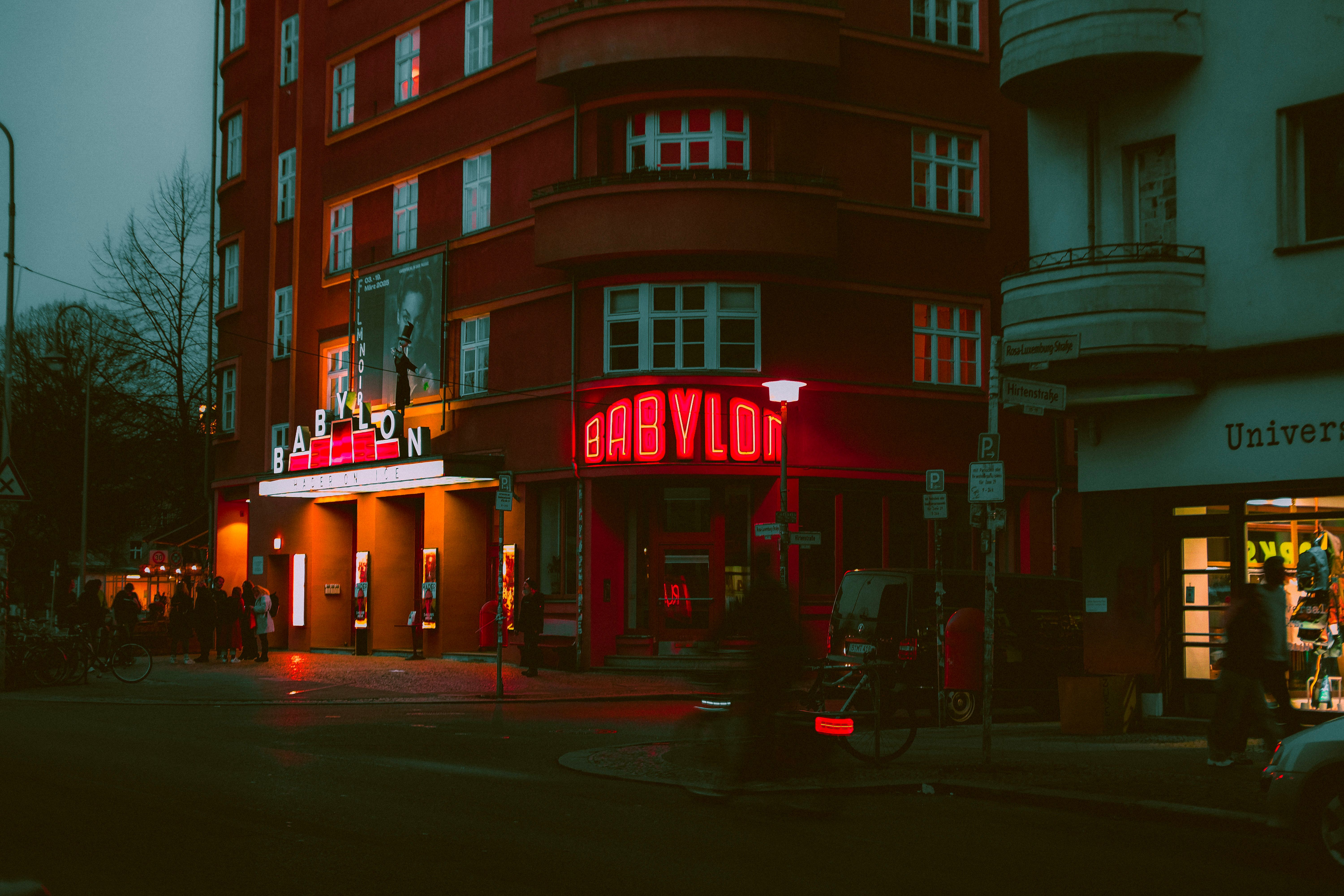 Illuminated Babylon Theater in Berlin at night, offering an urban German city context for the topic.